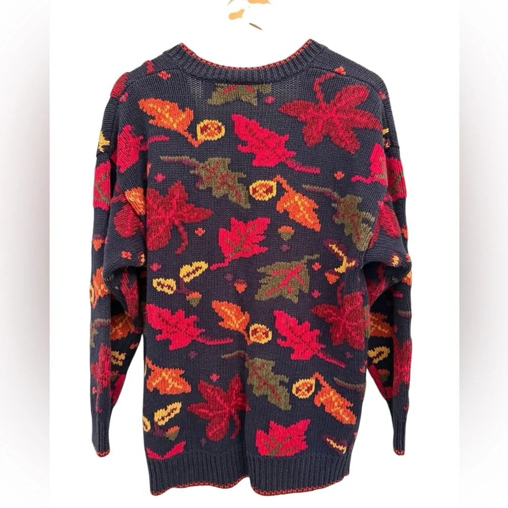 Le Moda Knitwear Hand Loomed Cotton Cardigan Leaves Fall Cottage Core Medium